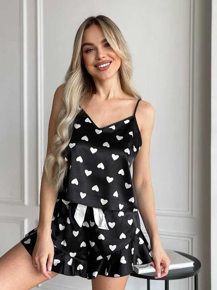 Marthaqiqi Printing Ladies Sleepwear Suit V-Neck Pajamas Spaghetti Strap Nightwear Tank Top Nightgowns Shorts Casual Nightie Set