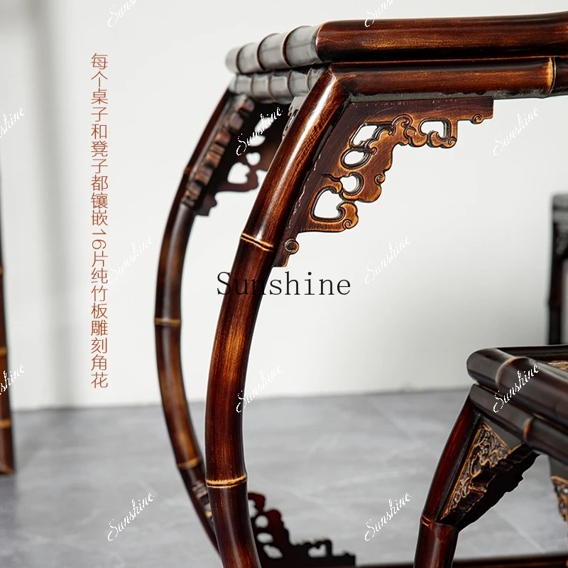 Bamboo stool low flower stand living room household dragon bamboo drum shape black brown red Ming style tea table matching  FT