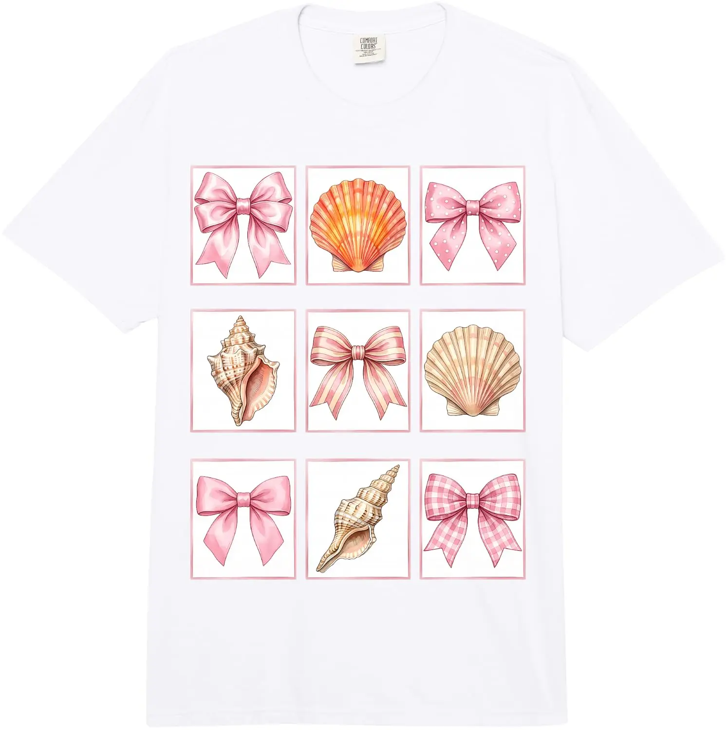 Coquette Aesthetic Pink Bows Seashells Grid Summer Comfort Colors Adult Heavyweight T-Shirt 100% Cotton Trendy Y2K Short-Sleeve