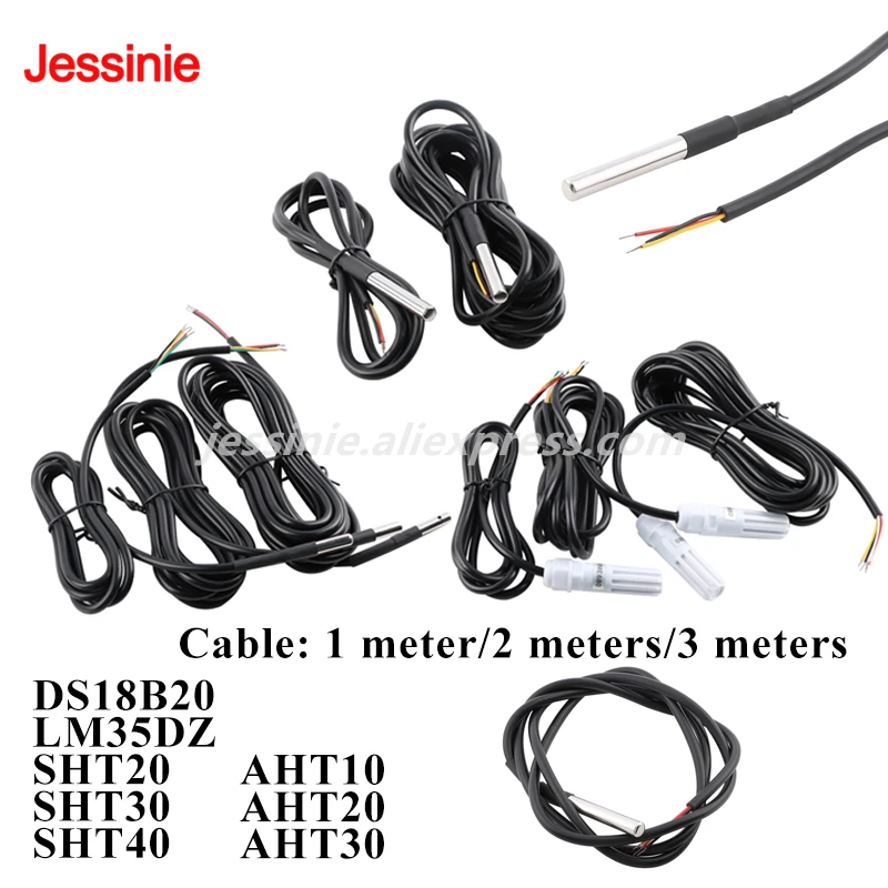 DS18B20 LM35DZ SHT20 SHT30 SHT40 AHT10 AHT20 AHT30 Waterproof Thread Digital Temperature Probe Sensor I2C Stainless Steel Cable