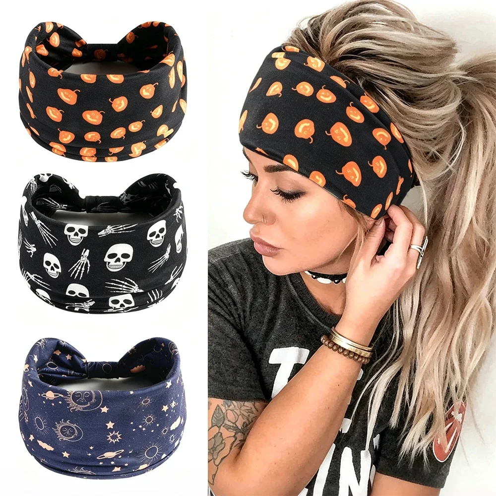 Extra Wide Halloween Headband Turban Headband Sport Hair Band Skull Pumpkin Ghost Print Hair Accessories Halloween Costume Party