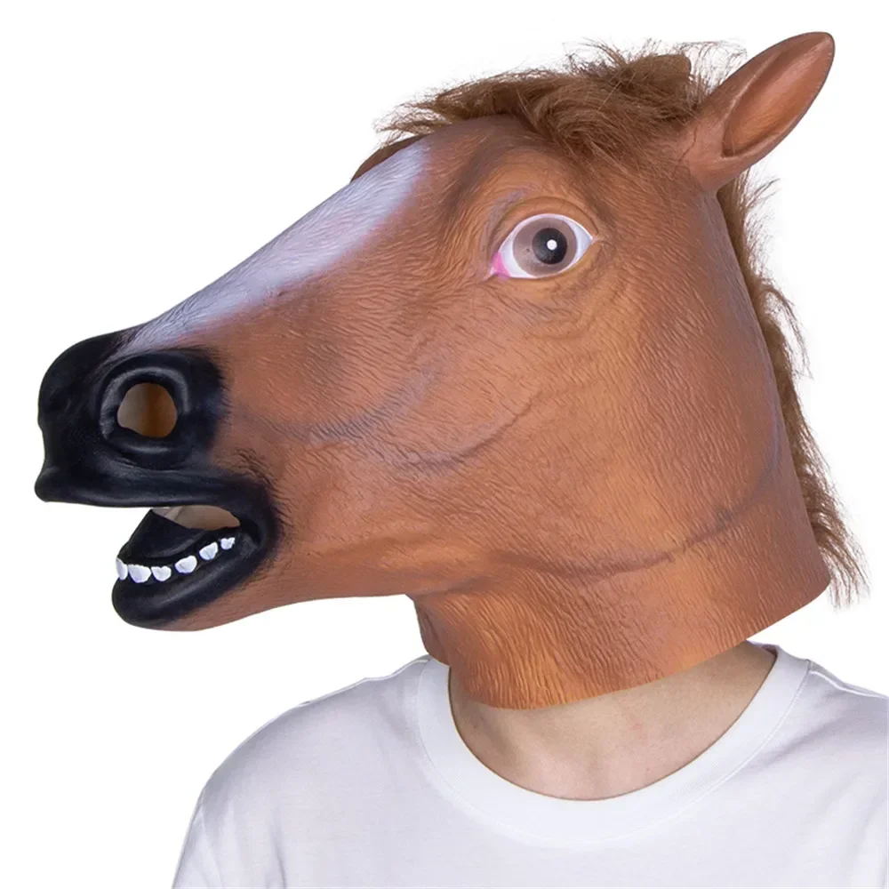 Spoof-Masque de tête de cheval marron amusant, costume de cosplay d'Halloween, accessoire de fête Tim, vêtements de sauna en latex animal