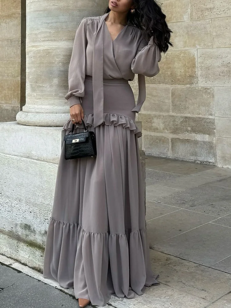 

Модный шифоновый однотонный комплект из двух предметов, повседневная плиссированная юбка с рюшами, элегантный топ с v-образным вырезом и длинными рукавами и праздничная юбка, костюм