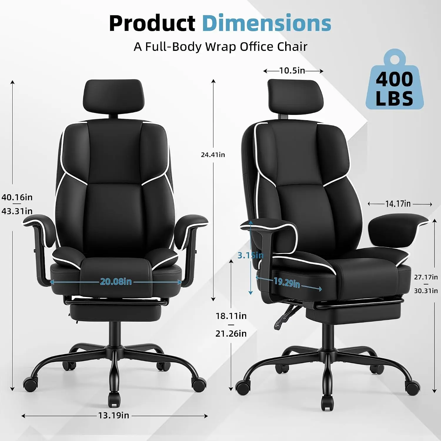 Big and Tall Gaming Chair 400lbs Heavy Duty Office Chair with Foot Rest Lumbar Support, Reclining Height Adjustable, Computer Gaming, Ergonomic Executive Office Chair PU Leather High Back Black