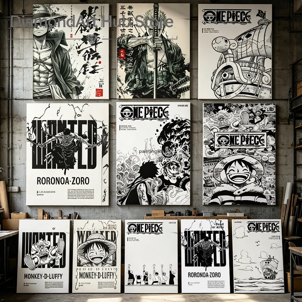 One Piece Diy Diamond Painting Black White Line Drawing Comic Art Home Hanging Artwork