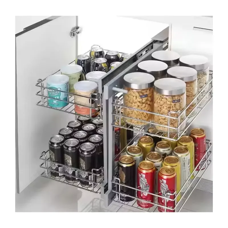 for Modern Stainless Steel Wire Basket Hidden Pantry Cabinet Pull Out Storage Kitchen Space Saving Magic Corner Design