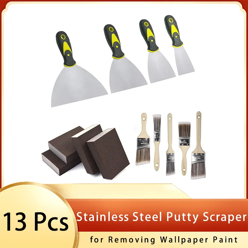 Stainless Steel Putty Scraper Knife Set 13 Pcs for Removing Wallpaper Paint Brushes Drywall Knife Set for Repairing Scraping