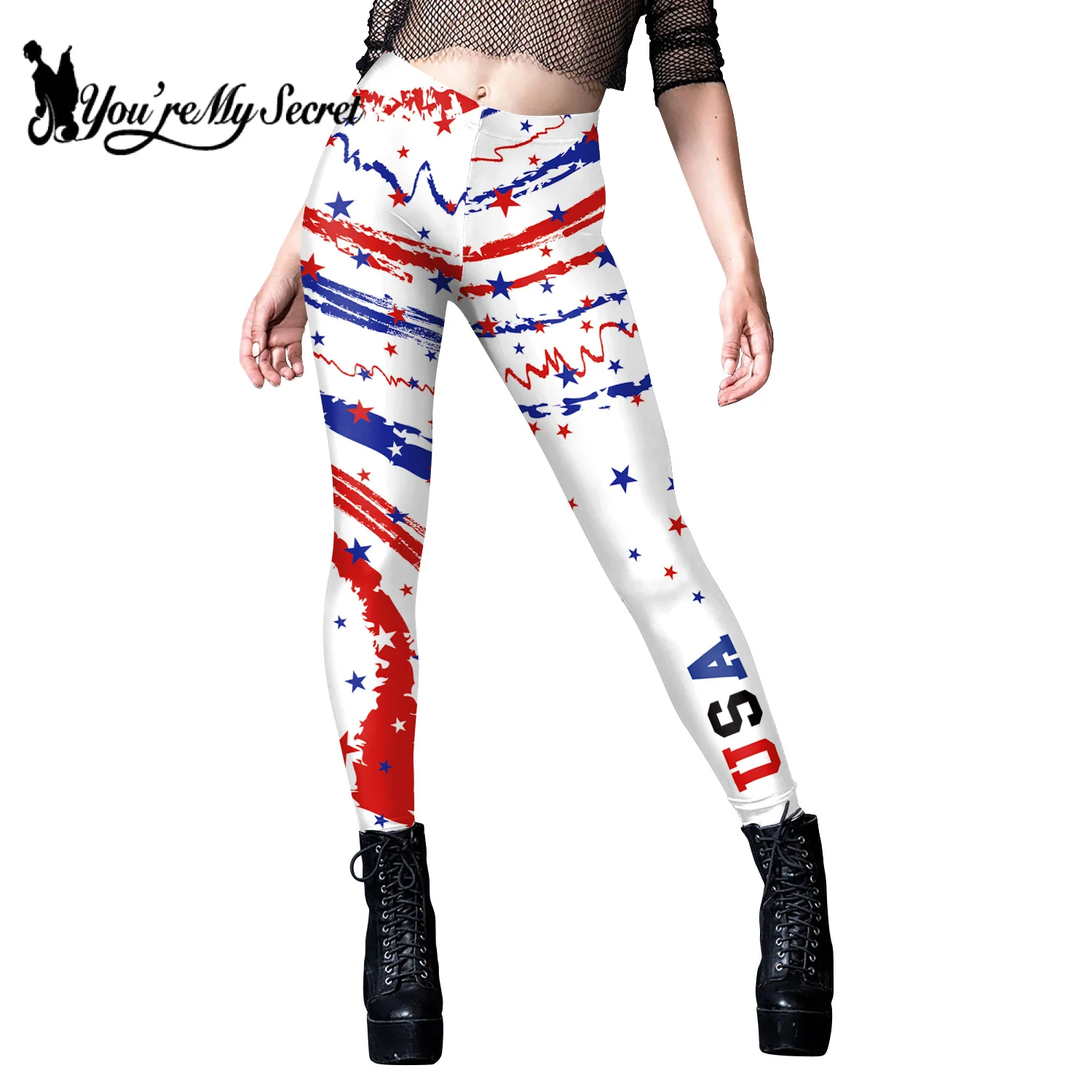 [You\'re My Secret] Women High Elastic Leggings Tights Sexy Pencil Pants Slim Trousers Female Flag Stripe Star Print Leggings