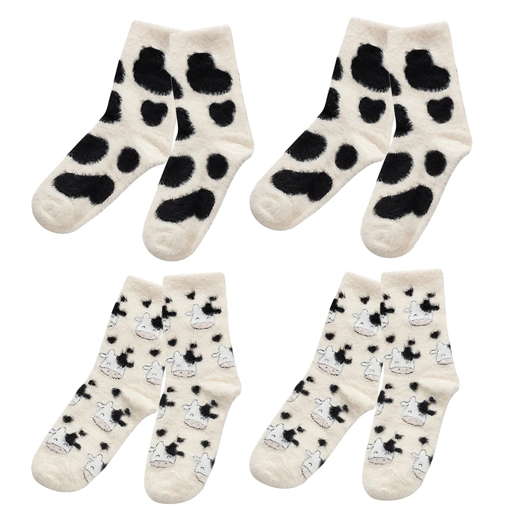 

4 Pairs Cartoon Cow Socks Women Cute Thick Mid Calf Crew Cotton Soft Printed Animal Design Warm Comfortable Socks