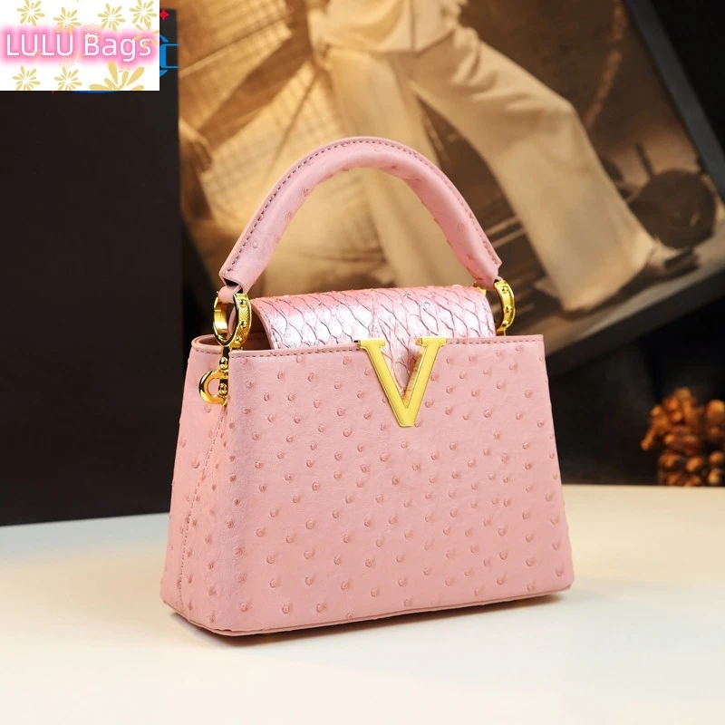 

Luxury Fashion Leather Women's Handbags V Letter Small Shoulder Crossbody Bag Niche Ostrich Print Portable Messenger Shell Bags