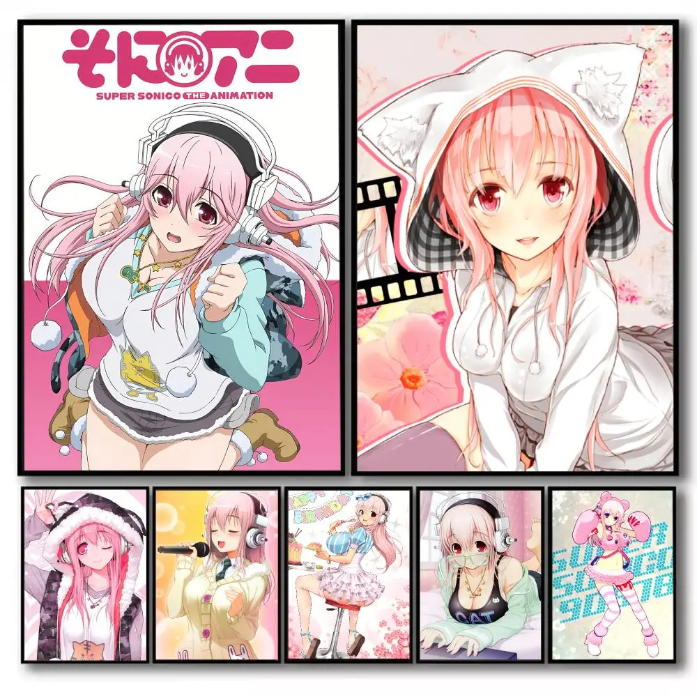 S-Sonico Anime-Poster-Aufkleber, selbstklebend, Gemälde, Wanddekoration, Wandaufkleber für Schlafzimmer, Wohnzimmer, Zuhause, HD-Geschenk