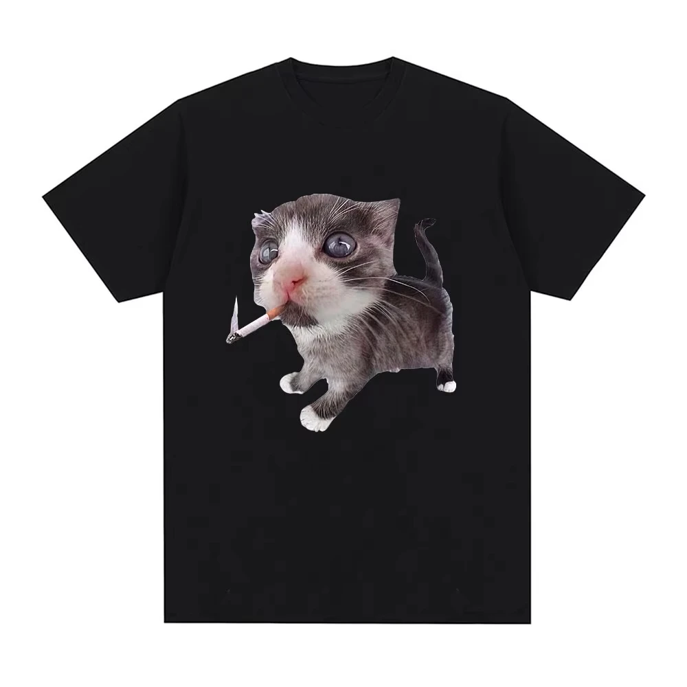 Cute Funny Kitten Smoking Cigarette T Shirt Men Women Streetwear Casual Short Sleeve Loose Fit Tee Trendy Animal Print Top