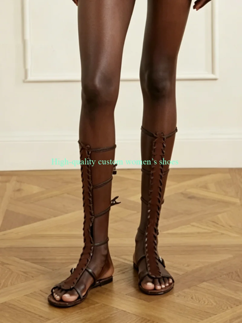

Chocolate Round-toe, Open-Toe Flat Sandals Belt Buckle Decorative Summer Cutouts Knee-High Boots Manual Luxury Sandals