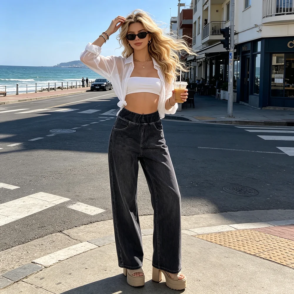 Women's Vintage High Waist Wide Leg Jeans, Elastic Waist Distressed Loose Denim Pants for Casual Daily Vacation Wear