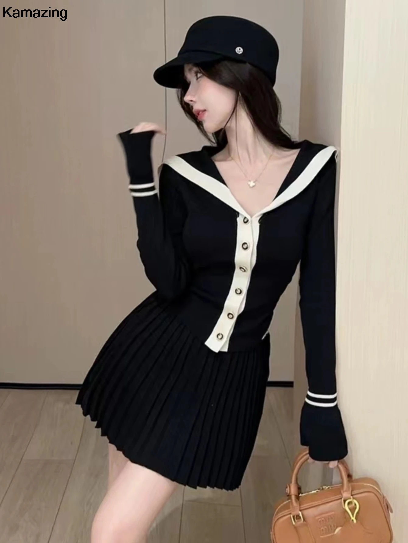 Korea Sweet Knitted Two Piece Set Women Autumn Slim Single Breasted Sweater Top Pleated Mini Skirt Suit Winter Fashion Outfits