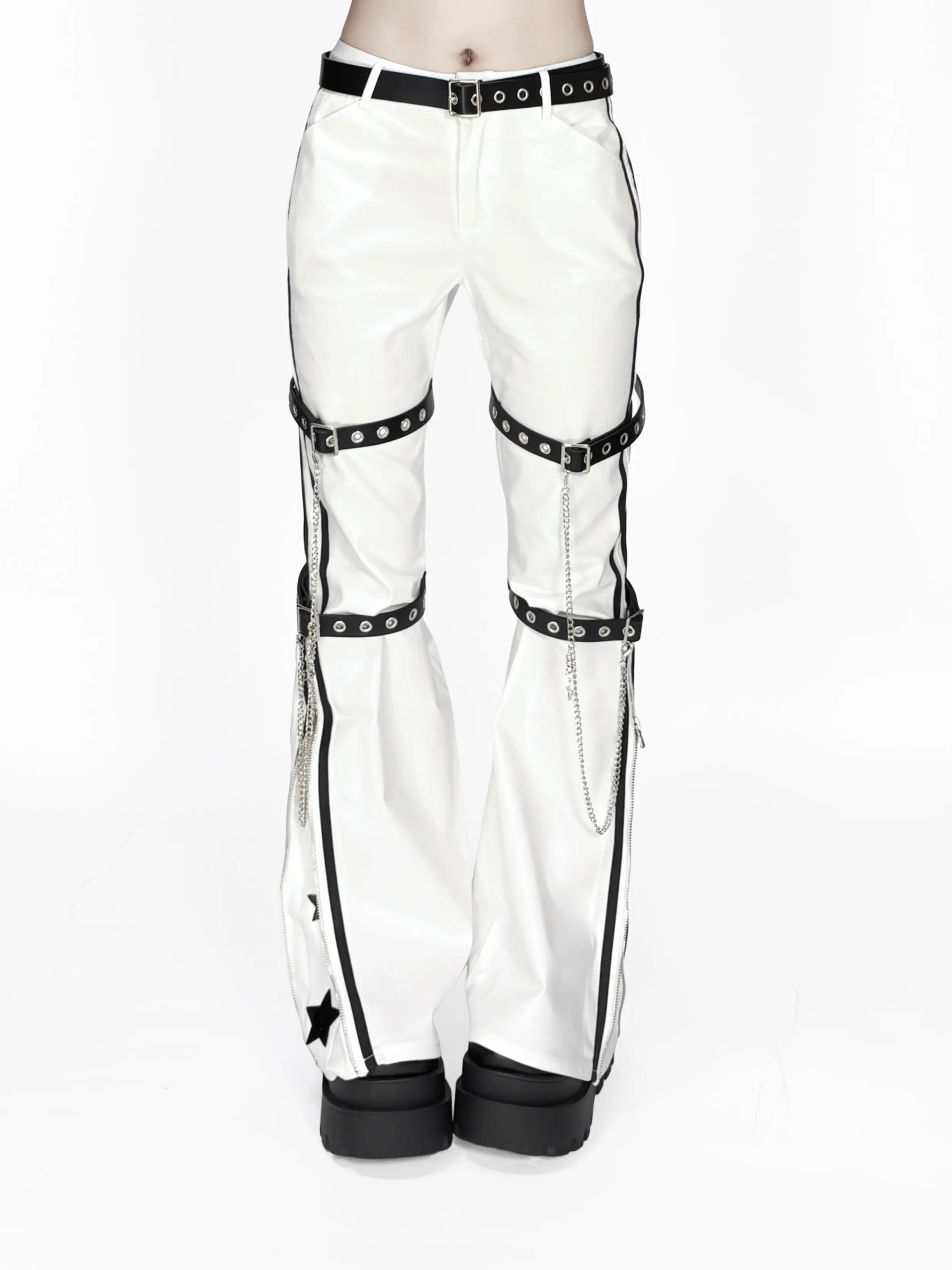 Y2K Gothic Flare Pants White Side Stripe Detachable Thigh Harness Chain Strap Zip Hem Star Embroidery Punk Bootcut Trousers view 2