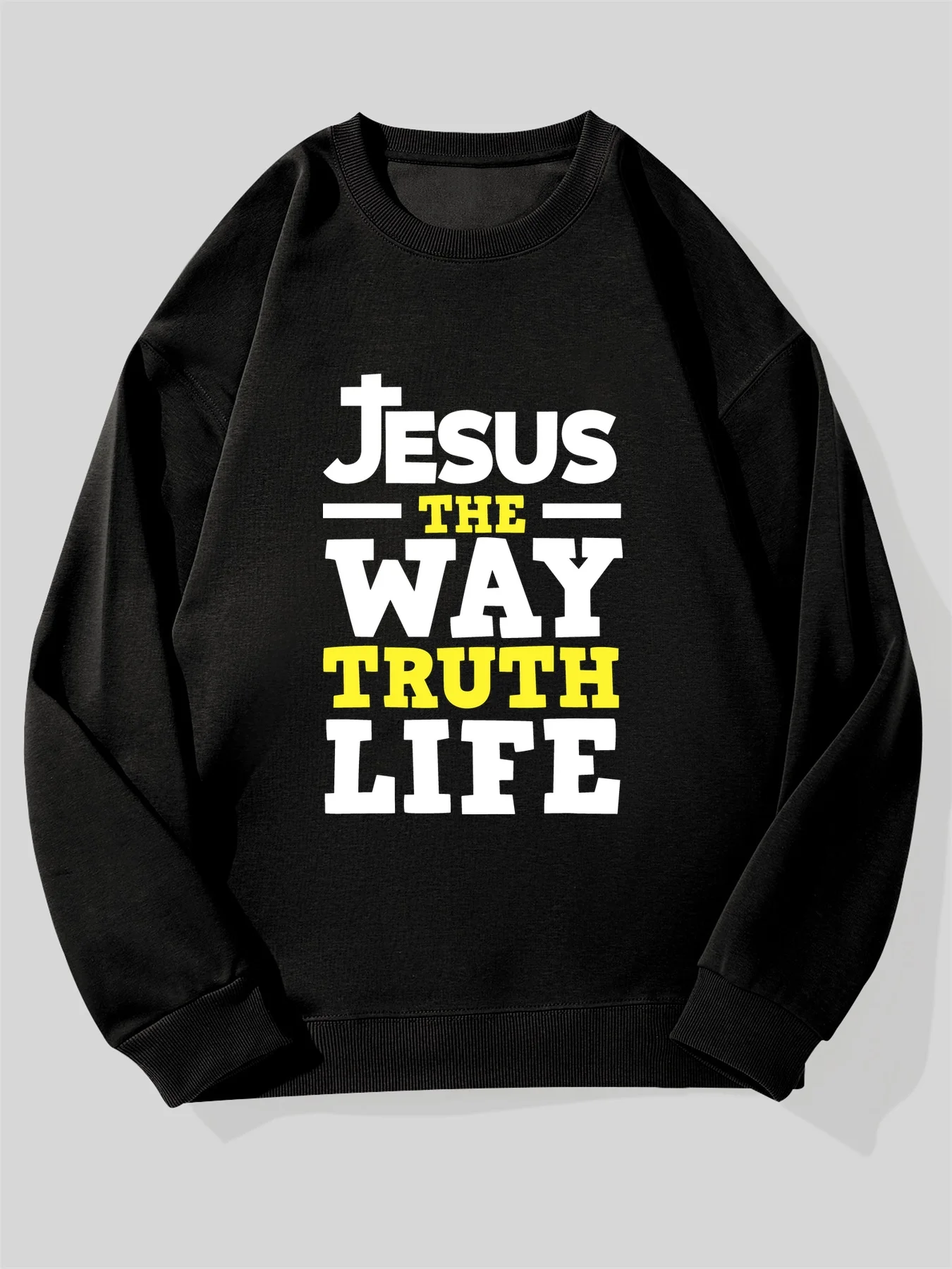 سترة Jesus - Way Truth Life Bible Verse للرجال (جون 14:6) - ملابس الإيمان المسيحي، فضفاضة كاجوال برقبة دائرية