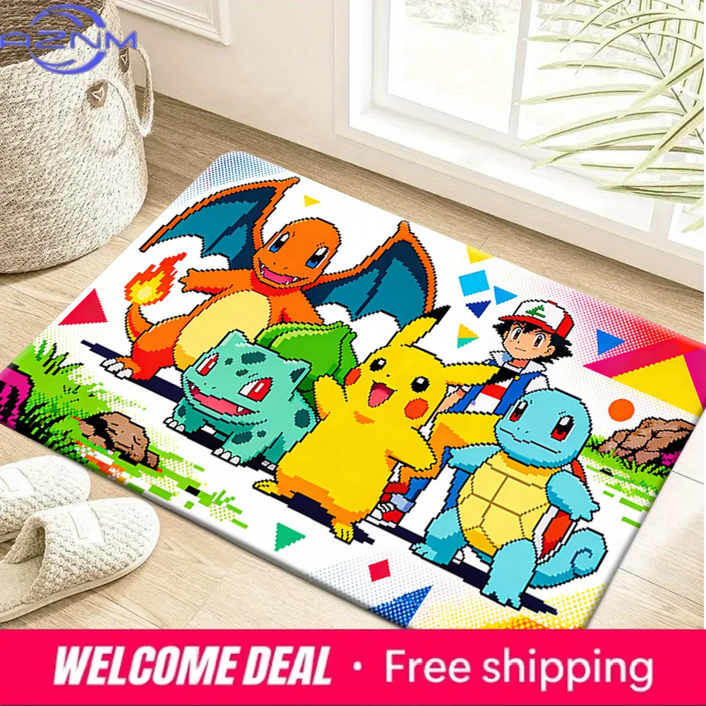 

Pokemon Pixel Art Ash & Kanto Starters Print Doormat Non-Slip Absorbent Floor Mat for Indoor Entrance Home Decor
