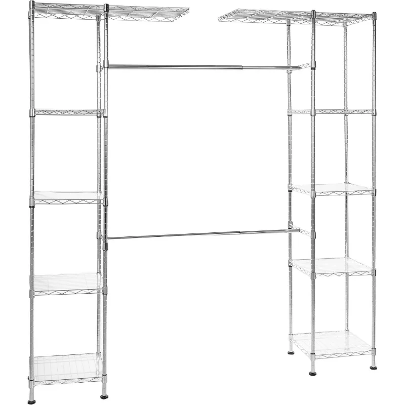 Expandable Adjustable Metal Hanging Storage Organizer Rack Wardrobe with Shelves, 57-80 x 14 x 72 inches (LxWxH), Chrome