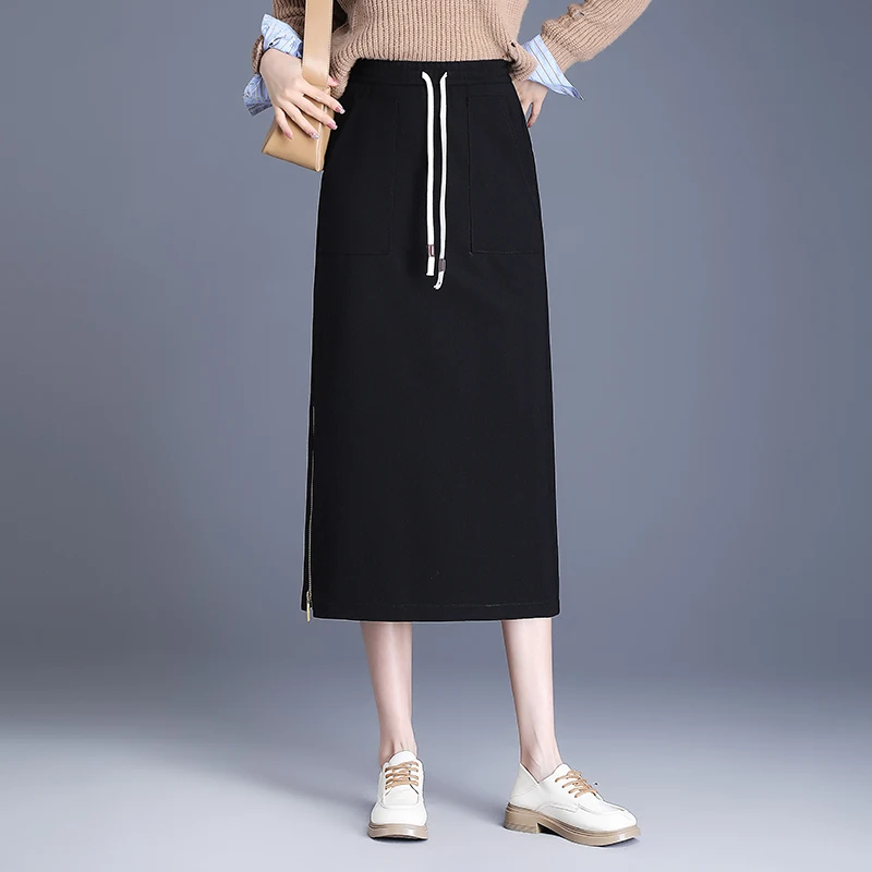 

Модная юбка миди прямого кроя со средней длиной, с боковой молнией, на резинке, повседневная, с высокой талией, в корейском стиле, для женщин