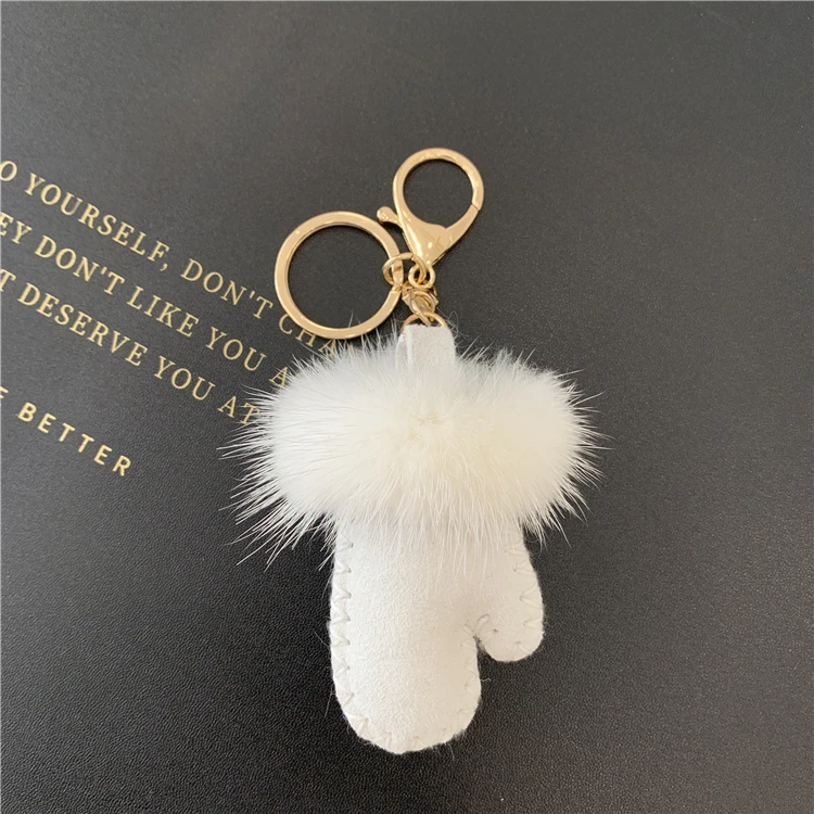 New Mink Fur Pompom Genuine Real Leather Gloves Mittens Keychain Women Car Key Chain Luxury Fluffy Bagpack Accessories Pendant