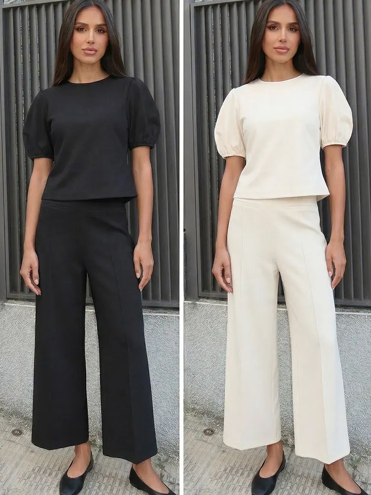 Conjunto de pantalón informal de verano HH para mujer, conjunto de 2 piezas, camiseta de manga corta abullonada, pantalón holgado, ropa elegante para ir al trabajo