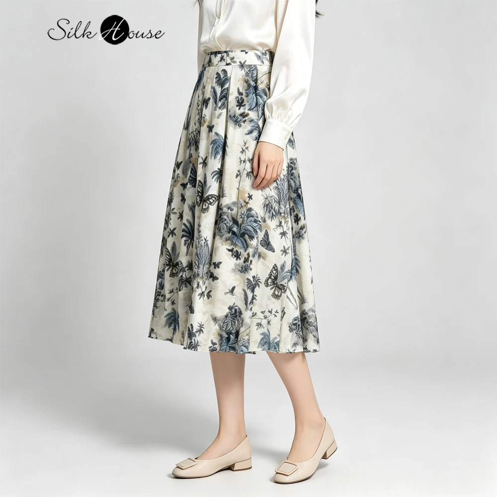 

Women's Casual Summer Clothing 100%Natural Mulberry Silk Double Crepe Temperament Elastic Waist Printed A-line Large Swing Skirt