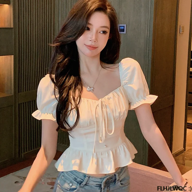 Chic Korea Off Shoulder Crop Tops Blusas Women 2023 Summer Solid Bow Tie Slim Waist A Line Belly Peplum Short Shirts Blouses