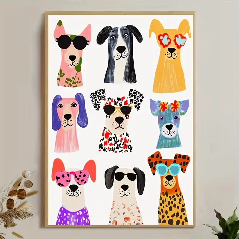 1pc frameless Canvas Painting 1pc Colorful Dogs Poster - Unique Pet Canvas Print with 9 Whimsical Dog Portraits, Vintage Wall Ar