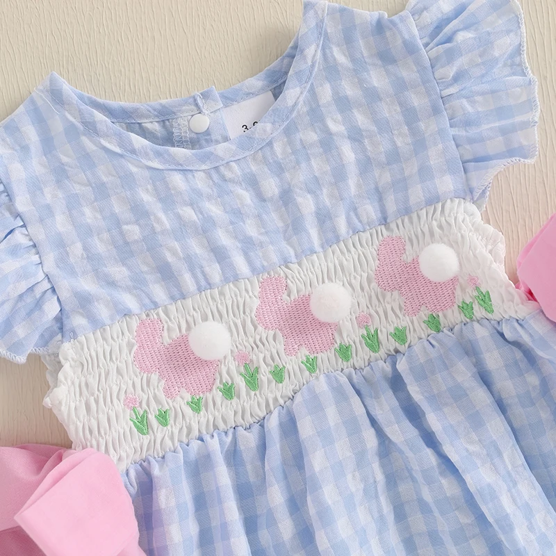 2025-01-09 Lioraitiin Baby Girls Rompers Easter Clothes Rabbit Embroidery Plaid Fly Sleeve Summer Bodysuits Jumpsuits