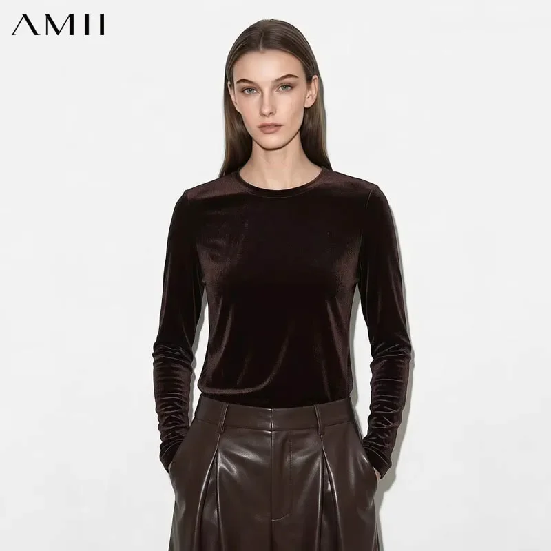 Amii Women T-shirts Retro 2026 Autumn Matte Slim Stretch Velvet Tops Elegant Long Sleeve T-shirt Fashion Woman Clothing 12613041