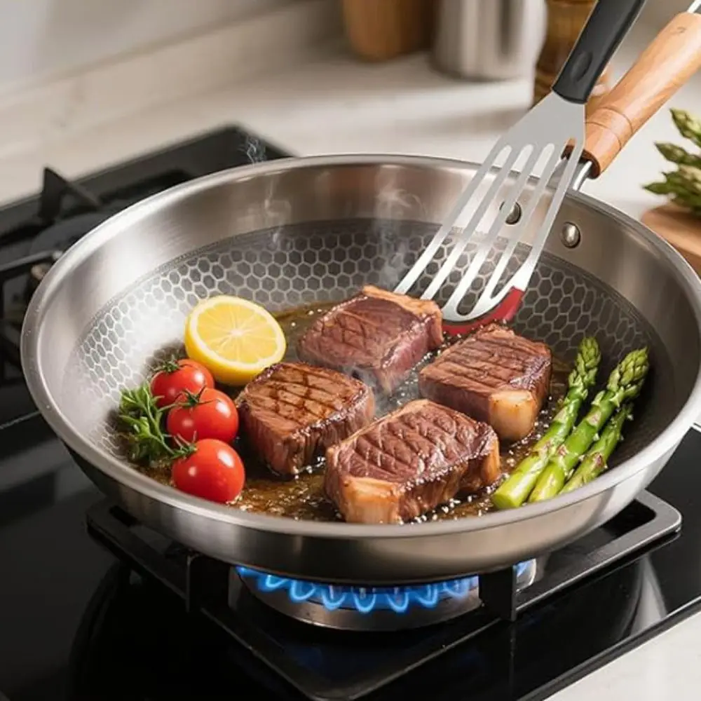 

2Pcs/Set Anti-scalding Frying Fish Spatula Silicone Edge Stainless Steel Steak Spatula Heat-resistant Fried Egg Shovel