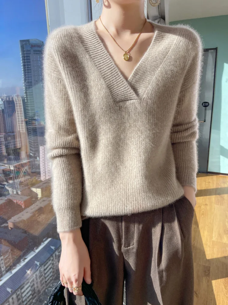 New Chic Women's V-neck Sweater Autumn Winter Thick Warm Casual Pullover 100% Merino Wool Knitwear Korean Popular Clothes Tops