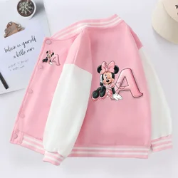 Disney Minnie Mouse Baby Girl Coats Cartoon Letter A-Z Baseball Jacket for Kid Sweatshirt Children Windbreaker Outerwear Clothes