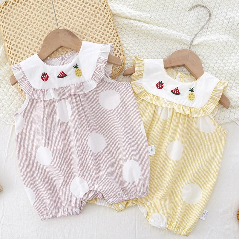 

Newborn Baby Girls Sleeveless Dot Printing Embroidery Jumpsuit Toddler Baby Girl Romper Summer Baby Girls Clothes