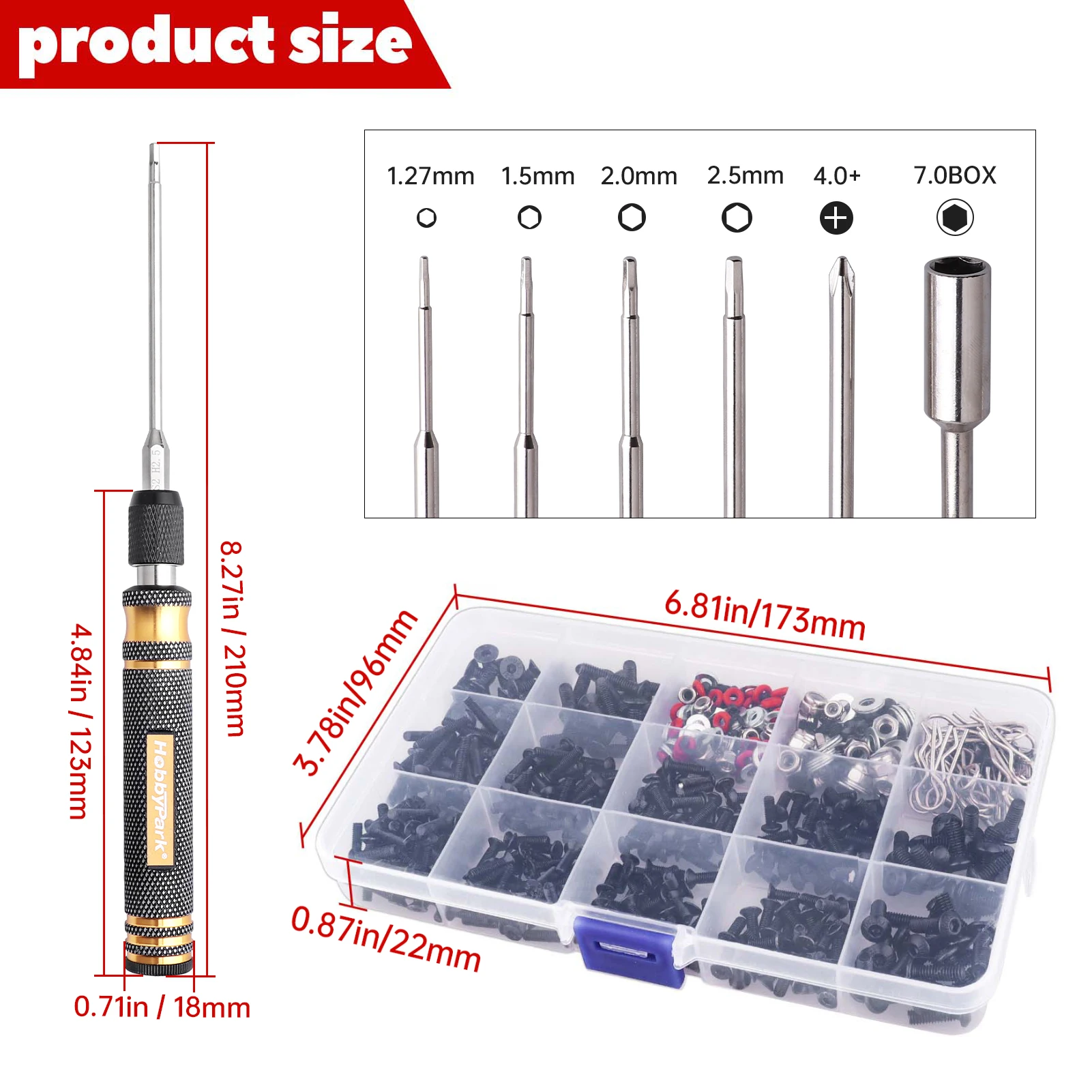 Hobbypark Rc Screws Kit Screwdriver Set 1/4in Hex Handle Hex Nut Drivers 1.27/1.5/2.0/2.5mm Phillips Bit 7mm Tools 500pcs