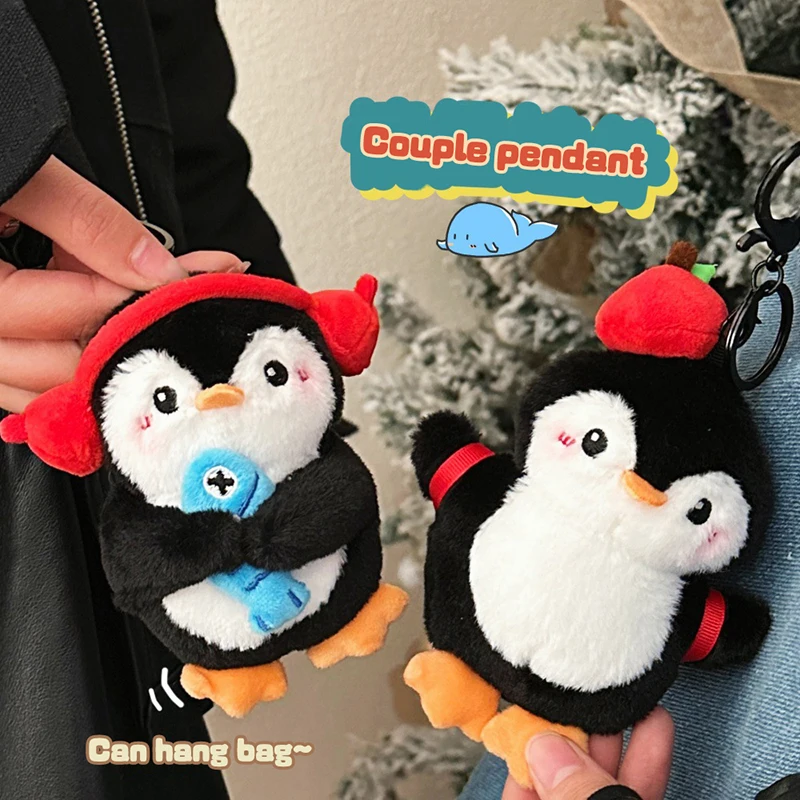 Apple Penguin Plush Toy Keychain Cartoon Penguin Holding Fish Soft Stuffed Doll Pendant Car Key Ring Backpack Bag Decor Kid Gift