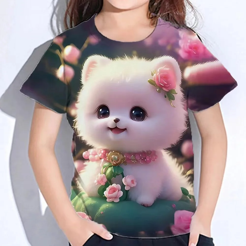 Girl Clothes Children's Clothing Short Sleeve Tops Summer 3D Cat Print Kids Clothes Kawaii Casual Round Neck Outdoor T-Shirts