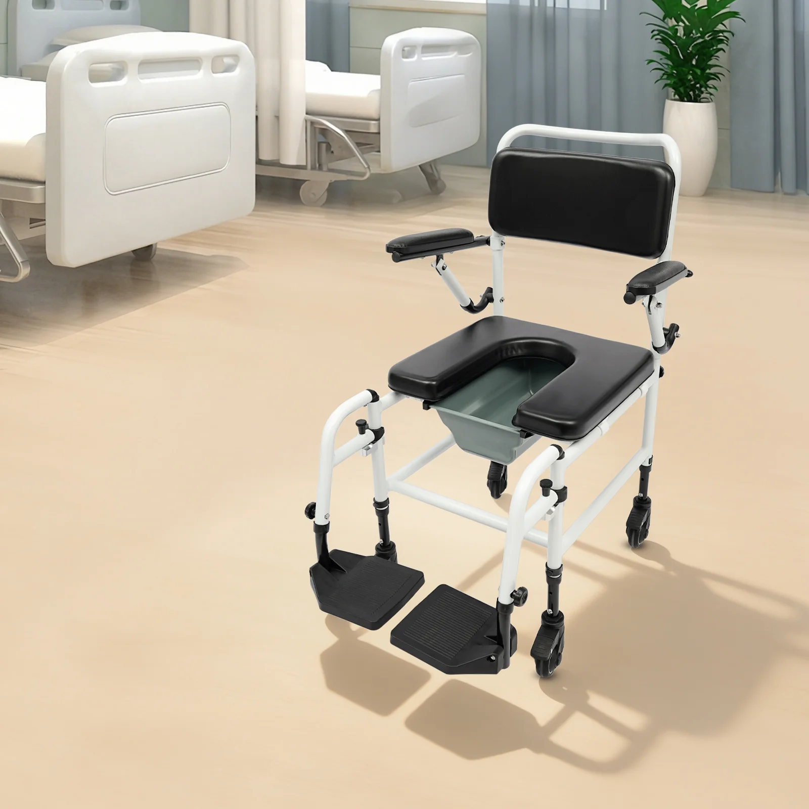 Chaise de douche et de toilette pour personnes âgées, chaise de douche mobile, hauteur réglable, avec roulettes, roulettes verrouillables, siège rembourré, accoudoirs rabattables, en aluminium, pour salle de bain, personnes âgées, handicapées, facile à nettoyer