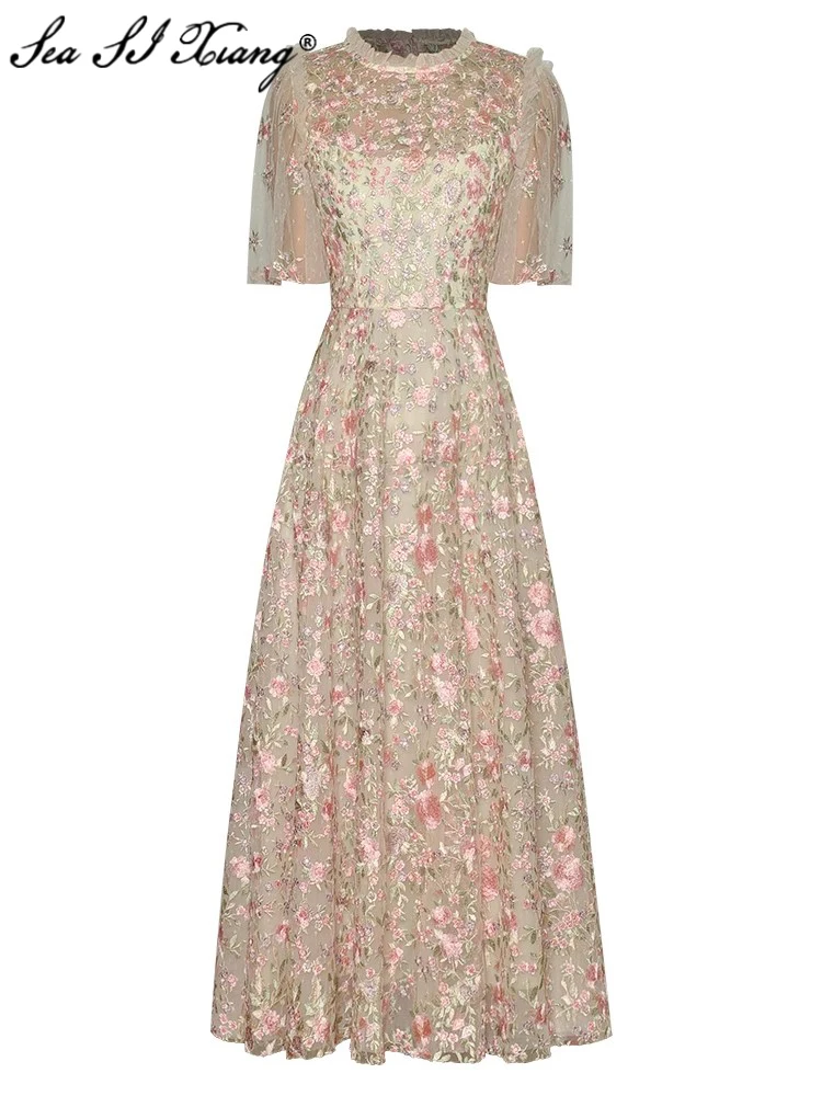 Seasixiang Fashion Designer Early Autumn Mesh Dress Women O-Neck  Short Sleeve Flower Embroidery Vintage Party Long Dresses