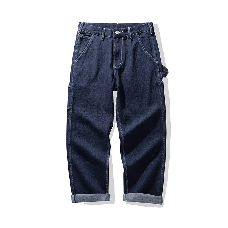 빈티지 13.5OZ 로우 데님 청바지 코튼 스트레이트 데님 바지 남성용 헤비급 블루 지퍼 플라이 포켓 바지