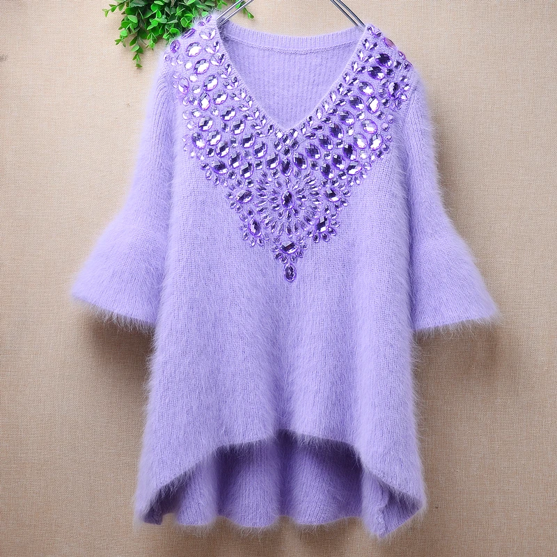 

Female Women Autumn Winter Purple Beading Hairy Mink Cashmere Knitted Beading V-Neck Half Sleeves Slim Pullover Sweater Jumper