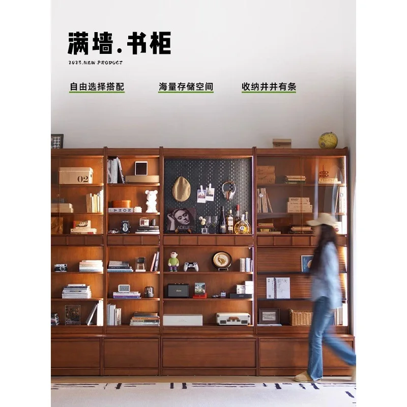 

Customizable Nordic solid wood combination bookcase card holder integrated whole wall living room floor cabinet