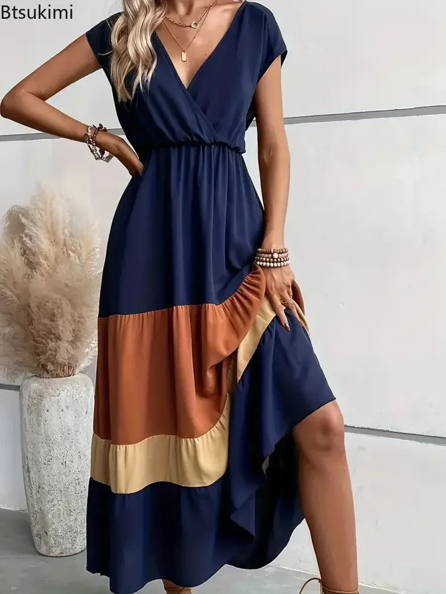 

2025 Women's Chic Splice Long Dresses Summer Short Sleeve V-neck Pleated Dresses Colorblock Casual Vacation Maxi Dress for Women