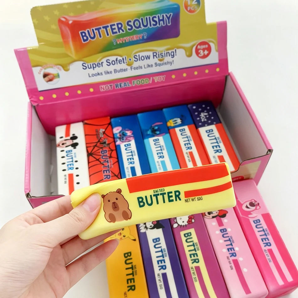 12PCS Full Box Cartoon Series Soft Butter Squishy, Soft Silicone Butter Stick Squeeze Toy, Party Favor Mini Gifts