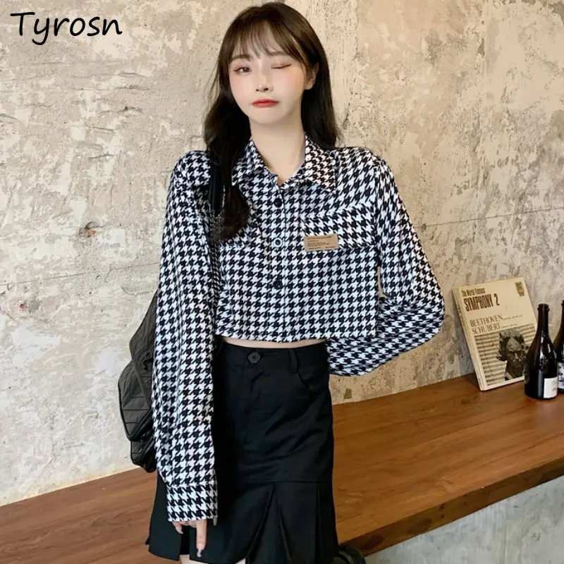 

Shirts Women Crop All-match Personality Plaid Retro Minimalist Daily Spring Elegant Sweet Korean Style Students Fashion Casual