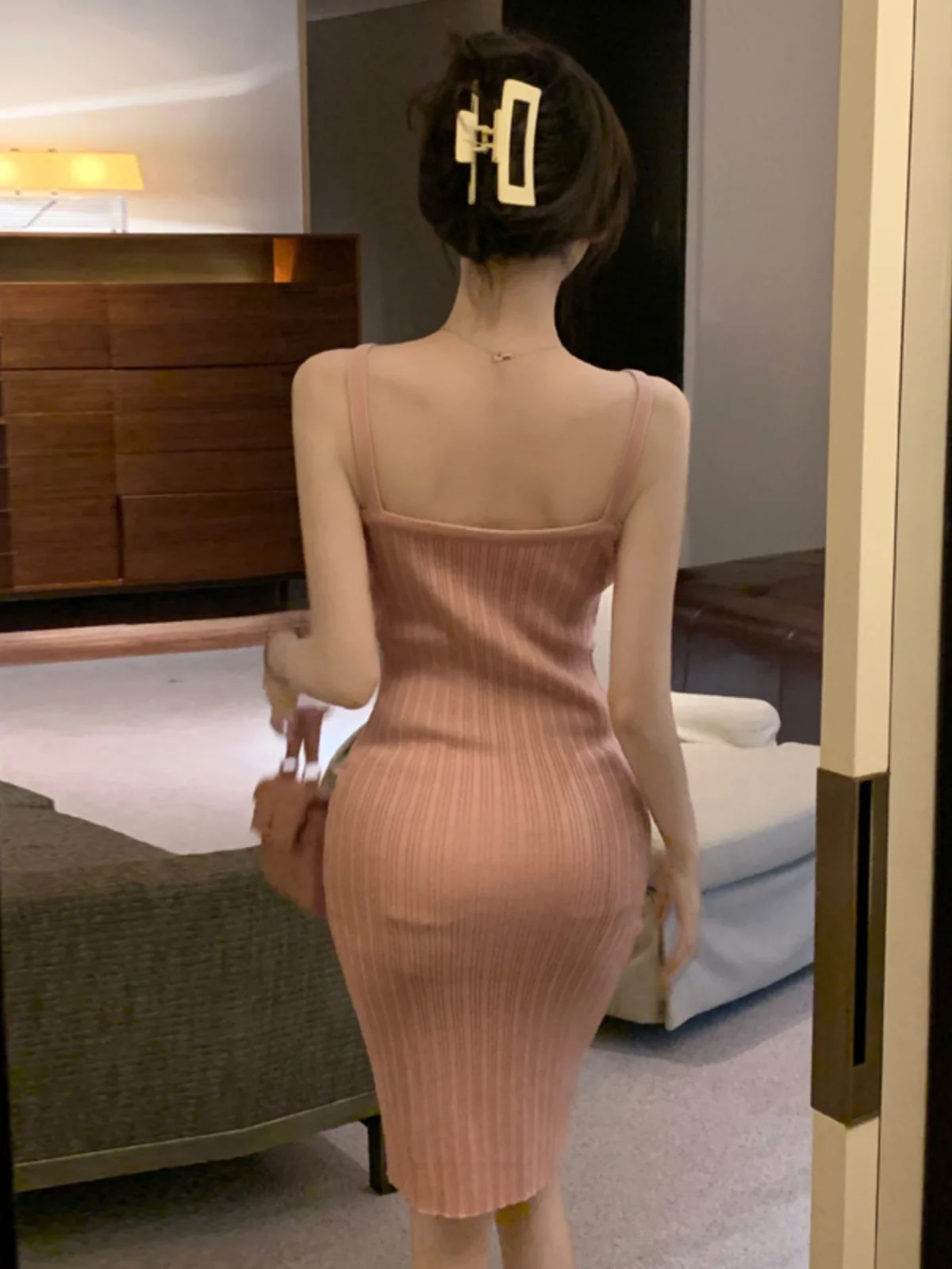 퓨어 디자이어 스파이시 걸 브이넥 니트 심플 다용도 스트랩 드레스 여름 섹시 백리스 허리 조임 슬림 숏 스커트