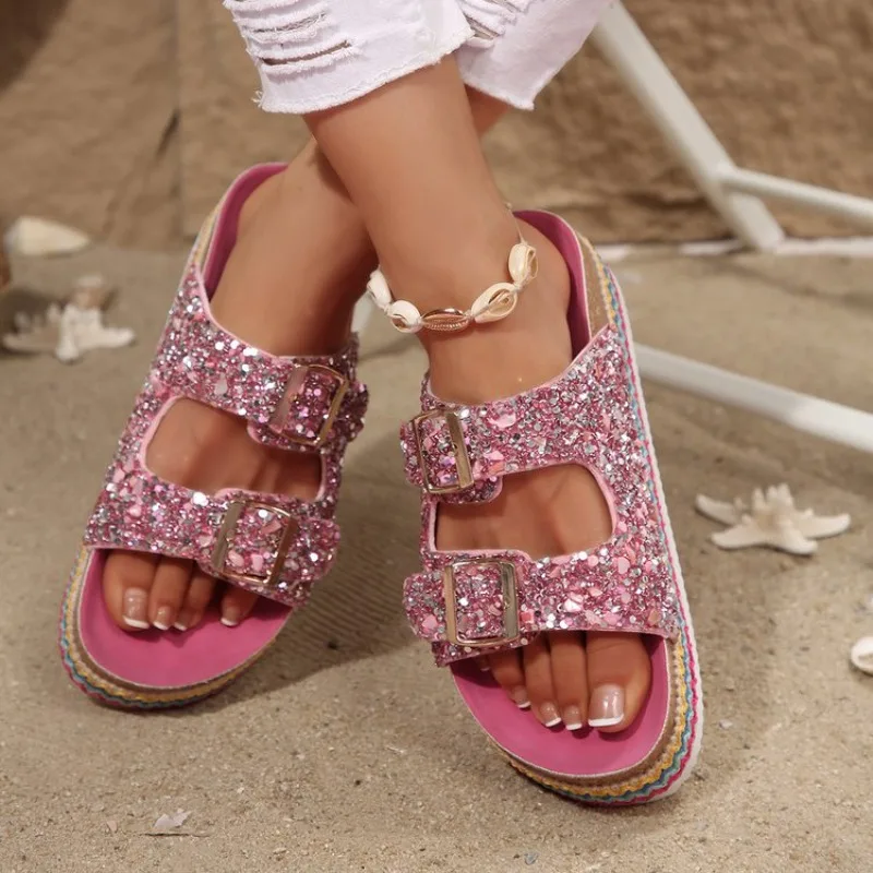 Summer New Platform Commuter Slip Sandals Women's Fashion Round Toe Open Toe Metal Buckle Platform Non-Slip Flats view 6