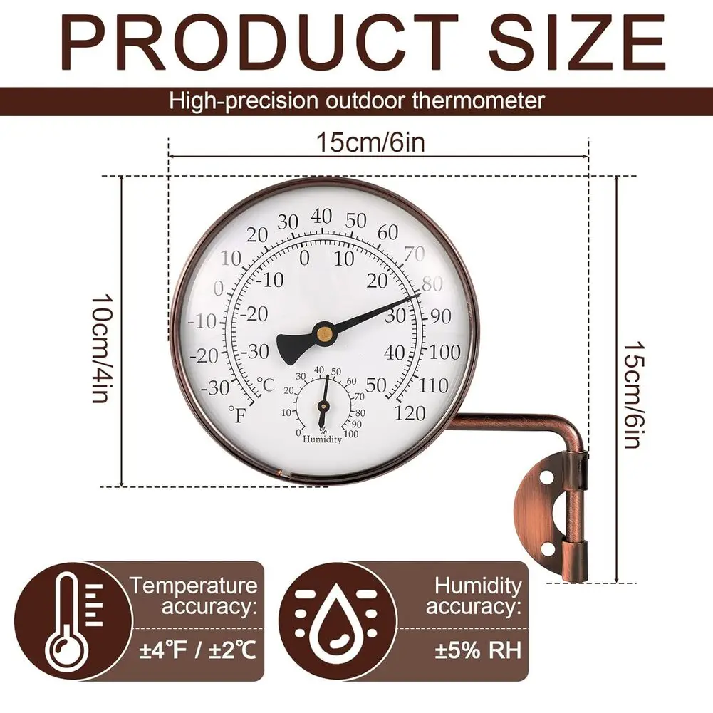 4'' Brass Outdoor Thermometer With Humidity Analog Wall Mount Temperature Gauge Decorative For Patio Greenhouse Weatherproof