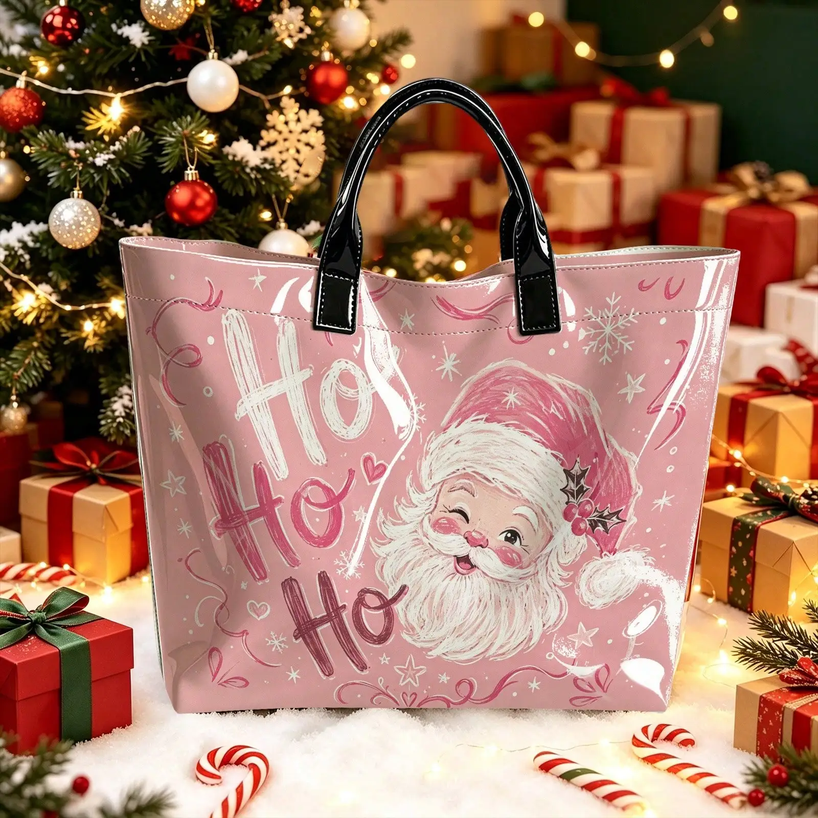 1PC Pink Ho Ho Ho Santa Claus Print Tote Bag | Home Storage,Craft Supplies,Family Party | 2D Flat Print Tote | Thanksgiving & Christmas Gifts